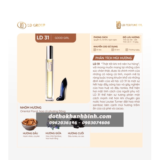 Nước Hoa Nữ LD Perfume OIL  LD31 Hương Good Girl , Tinh Dầu Thơm Chai Mini 12ml Nữ Tính Sang Trọng