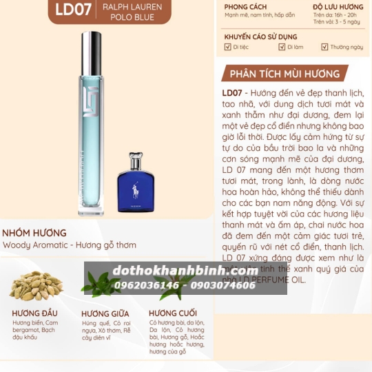 Nước Hoa Nam LD Perfume Oil Hương PoLo Blue ,Tinh Dầu Thơm Chai Mini 12ml LD07