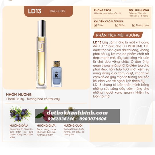 Nước Hoa Nam LD Perfume OIL Hương King DG , Tinh Dầu Thơm Chai Mini 12ml Sành Điệu LD13